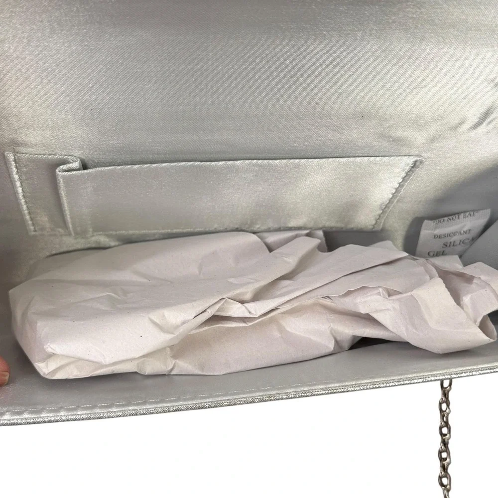 Silver Satin‎ Clutch Purse Womens Small Rhinestone Trim Chain Strap Evening Bag